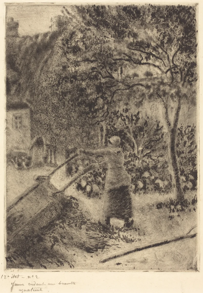 A Woman Emptying a Wheelbarrow (Femme vidant une brouette) by Camille Pissarro, print, 1880