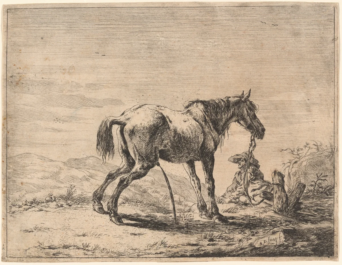 A Pissing Horse Bound to a Post by Dirck Stoop, print, 1651