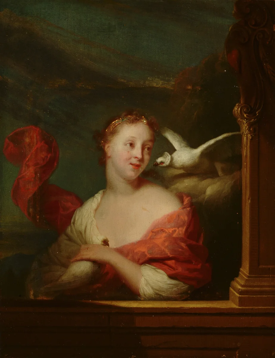 Young Woman with Pigeons (Venus?) by Godefridus Schalcken, painting, 1680
