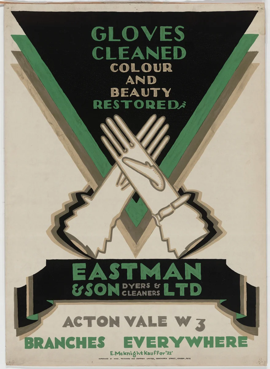 Gloves Cleaned, Colour and Beauty Restored, Eastman & Son, Ltd., Dyers and Cleaners by E. McKnight Kauffer, design, 1922