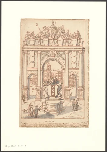 Triomfboog op de Dam, met de wapenschilden van de burgemeesters François de Vicq, Joan Corver, Jeronimo de Haze en Cornelis Munter by anonymous, drawing, 1706-1750
