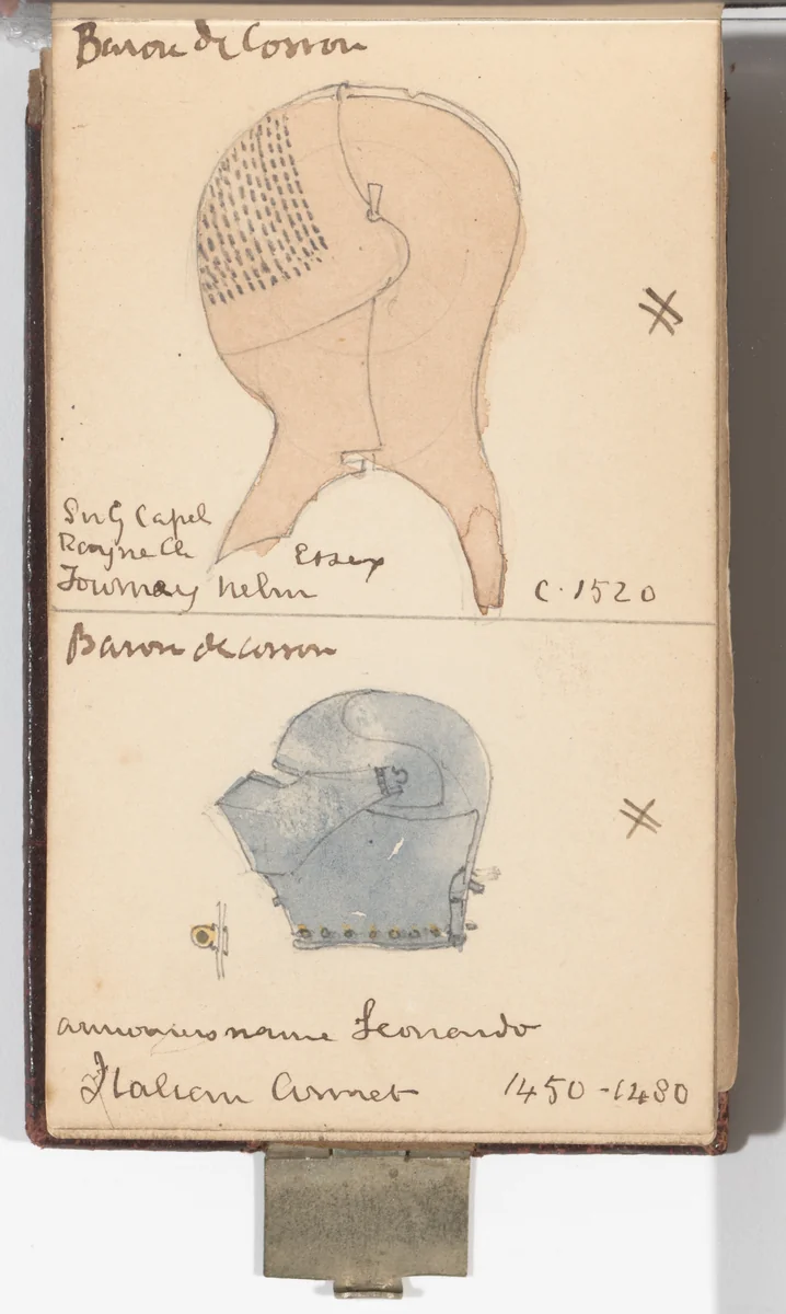 Memorandum Book Showing Colored Sketches Mostly of European Helmets by William Burges, book, 1880