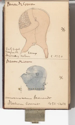 Memorandum Book Showing Colored Sketches Mostly of European Helmets by William Burges, book, 1880
