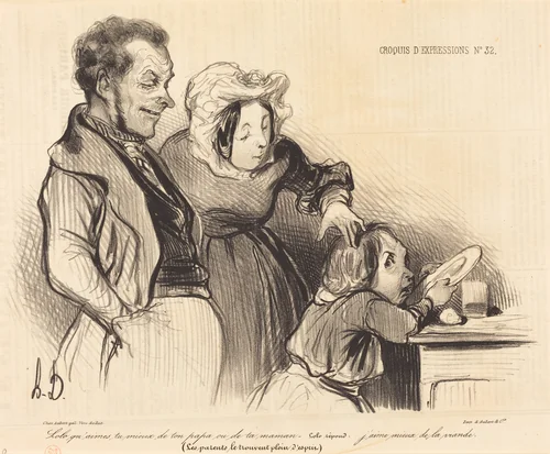 Lolo qu'aimes-tu mieux de ton papa ou de ta maman... by Honoré Daumier, print, 1838