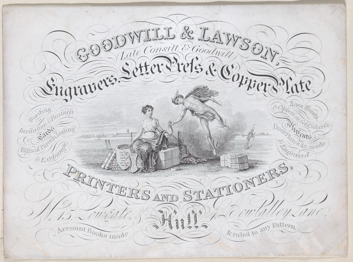 Trade card for Goodwill & Lawson, engravers, printers and stationers by anonymous, print, 1800-1900