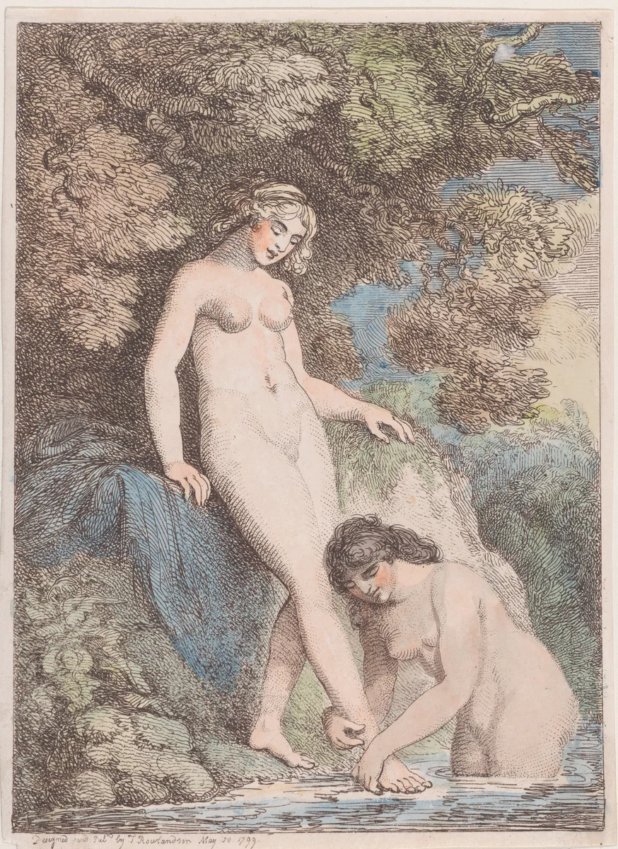 Two Nymphs Bathing, One Washing the Other's Foot by Thomas Rowlandson, print, 1799