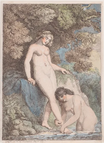 Two Nymphs Bathing, One Washing the Other's Foot by Thomas Rowlandson, print, 1799