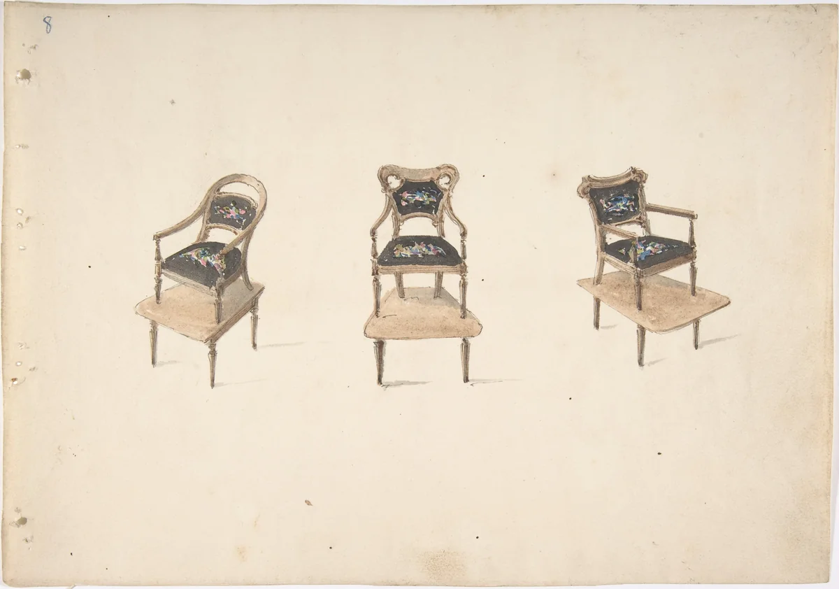 Design for Three Small Elevated Armchairs by anonymous, drawing, 1800-1850