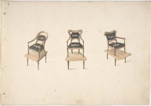 Design for Three Small Elevated Armchairs by anonymous, drawing, 1800-1850