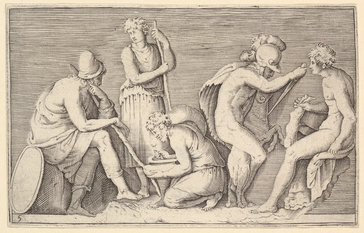 Scene of Sacrifice with Warrior Killing Ram and Four Other Figures, from "Ex Antiquis Cameorum et Gemmae Delineata/ Liber Secundus/et ab Enea Vico Parmen Incis" by anonymous, print, 1599-1622