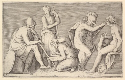 Scene of Sacrifice with Warrior Killing Ram and Four Other Figures, from "Ex Antiquis Cameorum et Gemmae Delineata/ Liber Secundus/et ab Enea Vico Parmen Incis" by anonymous, print, 1599-1622