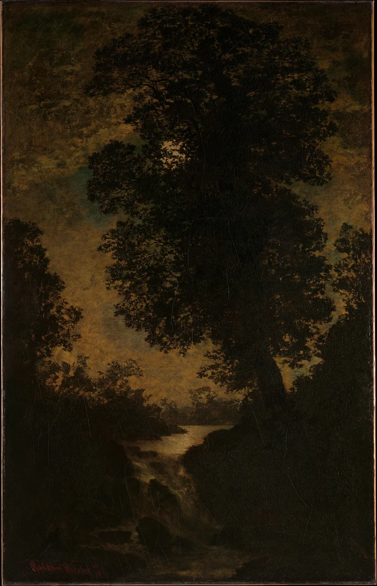 A Waterfall, Moonlight by Ralph Blakelock, artwork, 1885-1886