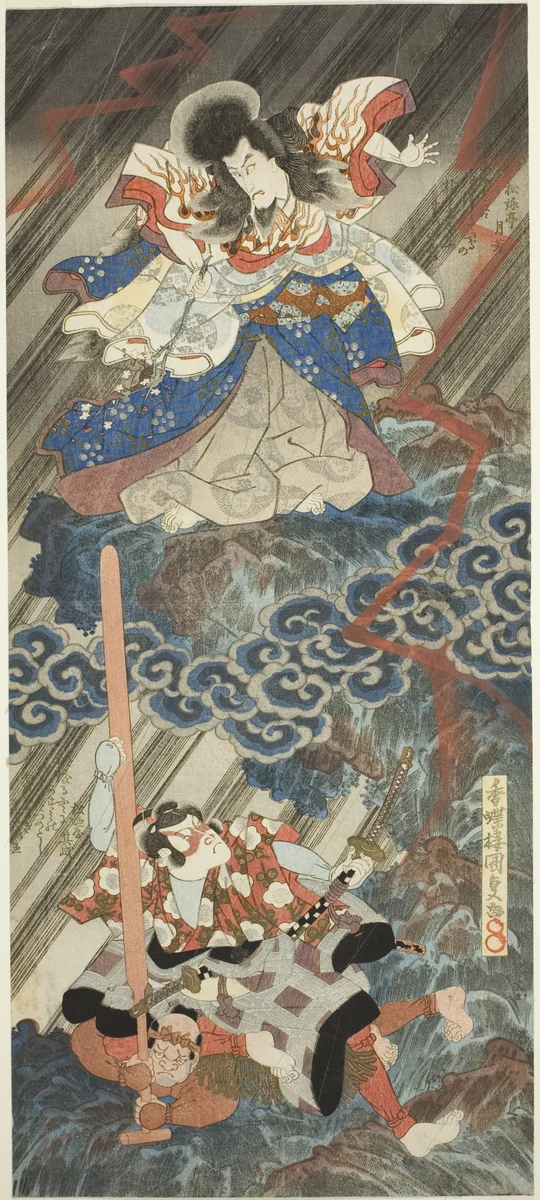 The actors Ichikawa Danjuro VII as Kan Shojo (Sugawara Michizane) and Segawa Kikunojo V as Umeomaru in the play "Sugawara Denju Tenarai Kagami," performed at the Kawarazaki Theater in the ninth month, 1832 by Utagawa Kunisada (歌川国貞), print, 1832