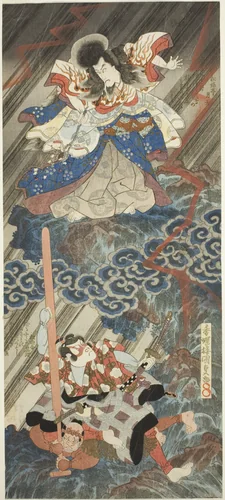 The actors Ichikawa Danjuro VII as Kan Shojo (Sugawara Michizane) and Segawa Kikunojo V as Umeomaru in the play "Sugawara Denju Tenarai Kagami," performed at the Kawarazaki Theater in the ninth month, 1832 by Utagawa Kunisada (歌川国貞), print, 1832