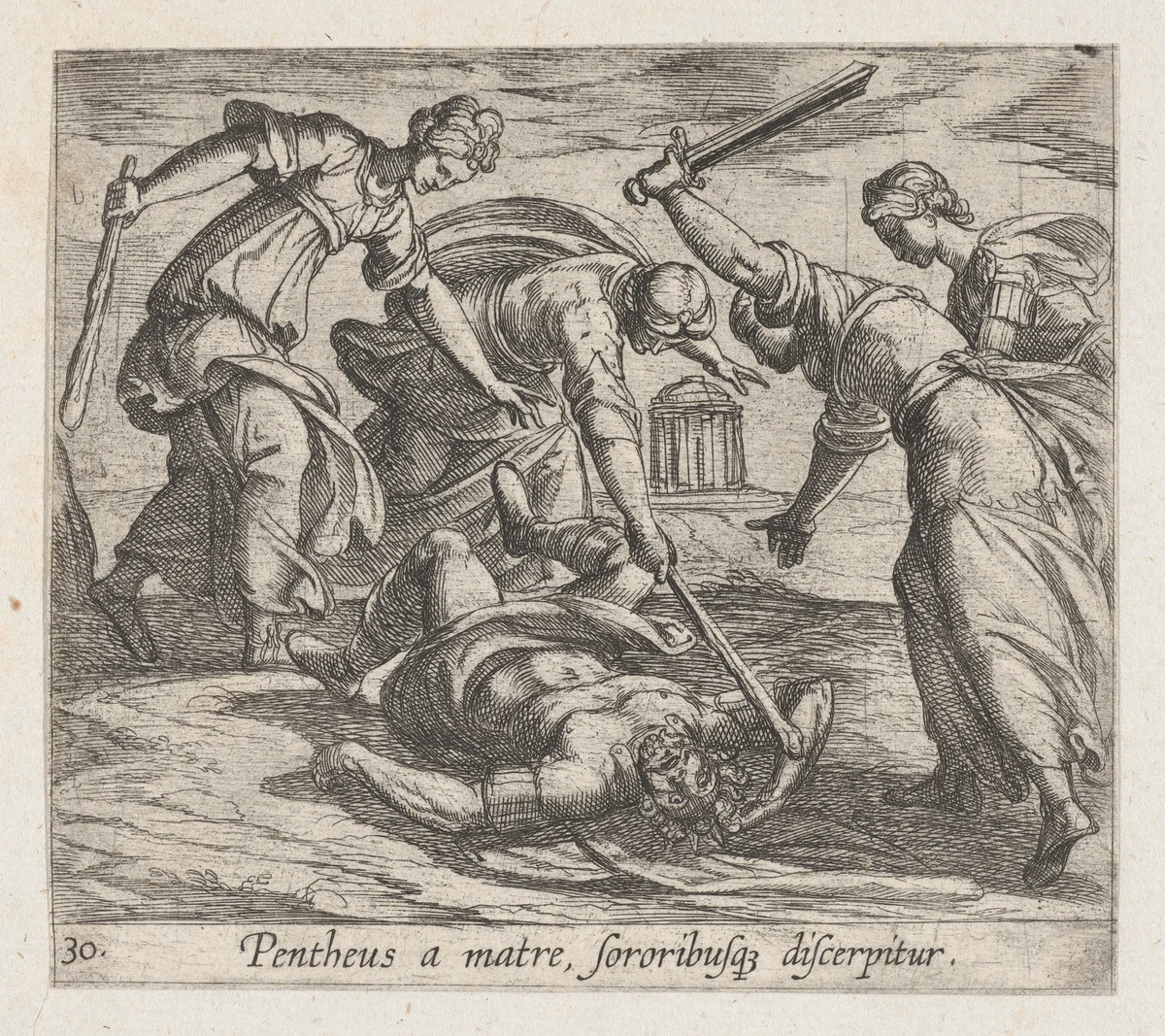 Plate 30: The Death of Pentheus (Pentheus a matre, sororibusq discerpitur), from Ovid's 'Metamorphoses' by Antonio Tempesta, print, 1606