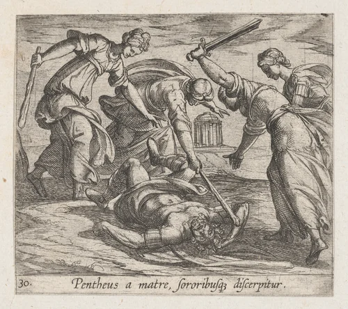 Plate 30: The Death of Pentheus (Pentheus a matre, sororibusq discerpitur), from Ovid's 'Metamorphoses' by Antonio Tempesta, print, 1606