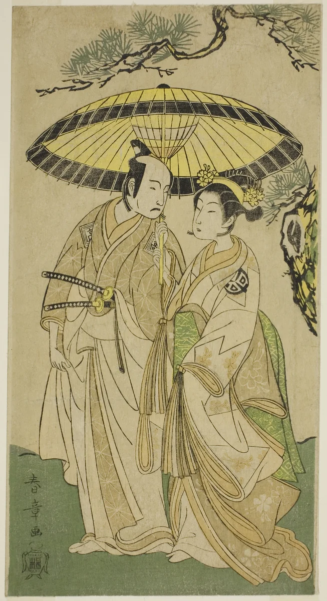 The Actors Arashi Hinaji I (right), and Ichikawa Komazo II (left), as Princess Sakura (Sakura Hime) (?) and Shimizu Tonoinosuke (?), in the Play Soga Moyo Aigo no Wakamatsu (?), Performed at the Nakamura Theater (?) in the Third Month, 1769 (?) by Katsukawa Shunsho (勝川 春章), print, 1764-1774