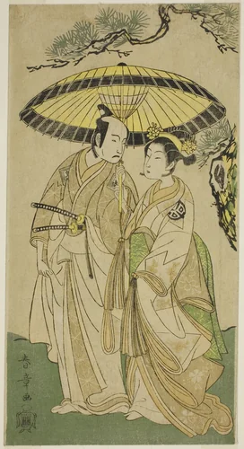 The Actors Arashi Hinaji I (right), and Ichikawa Komazo II (left), as Princess Sakura (Sakura Hime) (?) and Shimizu Tonoinosuke (?), in the Play Soga Moyo Aigo no Wakamatsu (?), Performed at the Nakamura Theater (?) in the Third Month, 1769 (?) by Katsukawa Shunsho (勝川 春章), print, 1764-1774