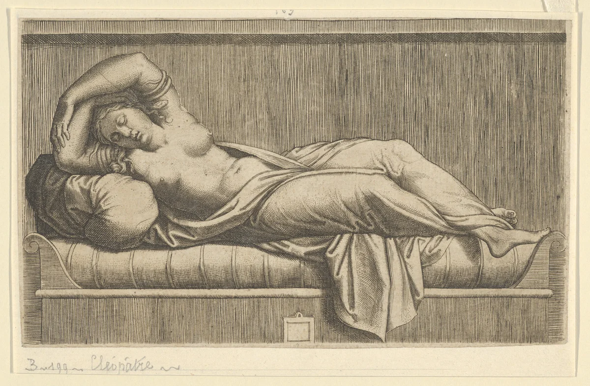 Cleopatra, partly naked laying on a bed by anonymous, print, 1510-1520