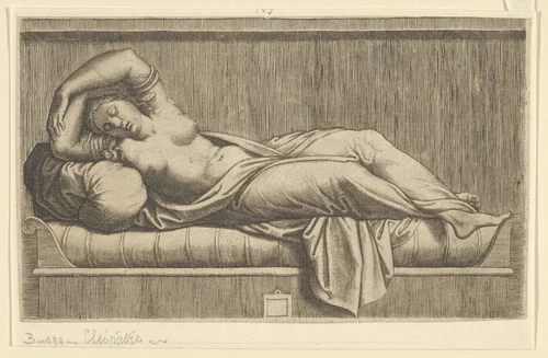 Cleopatra, partly naked laying on a bed by anonymous, print, 1510-1520