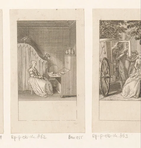 Caroline melancholisch in haar slaapvertrek by Daniel Nikolaus Chodowiecki, print, 1786