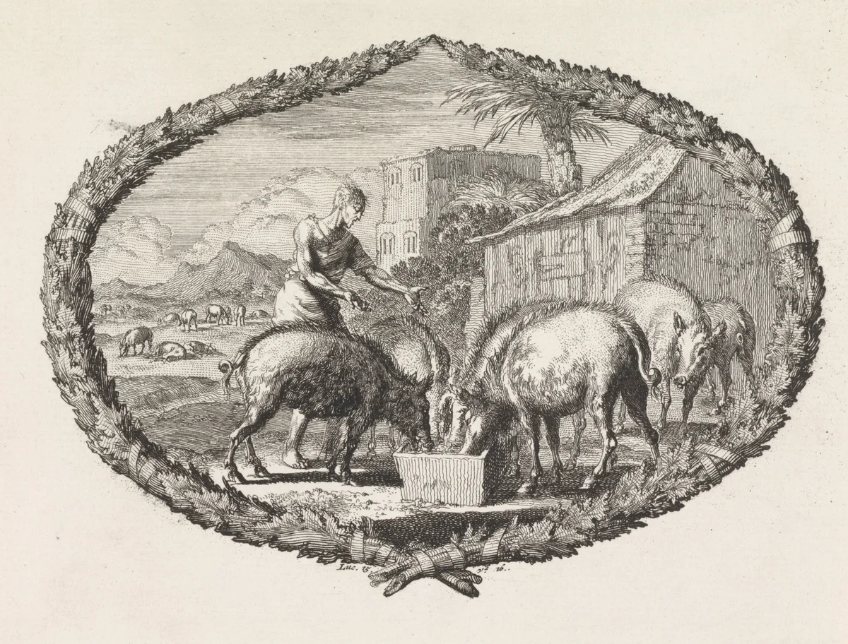 De verloren zoon als varkenshoeder by Jan Luyken, print, 1700