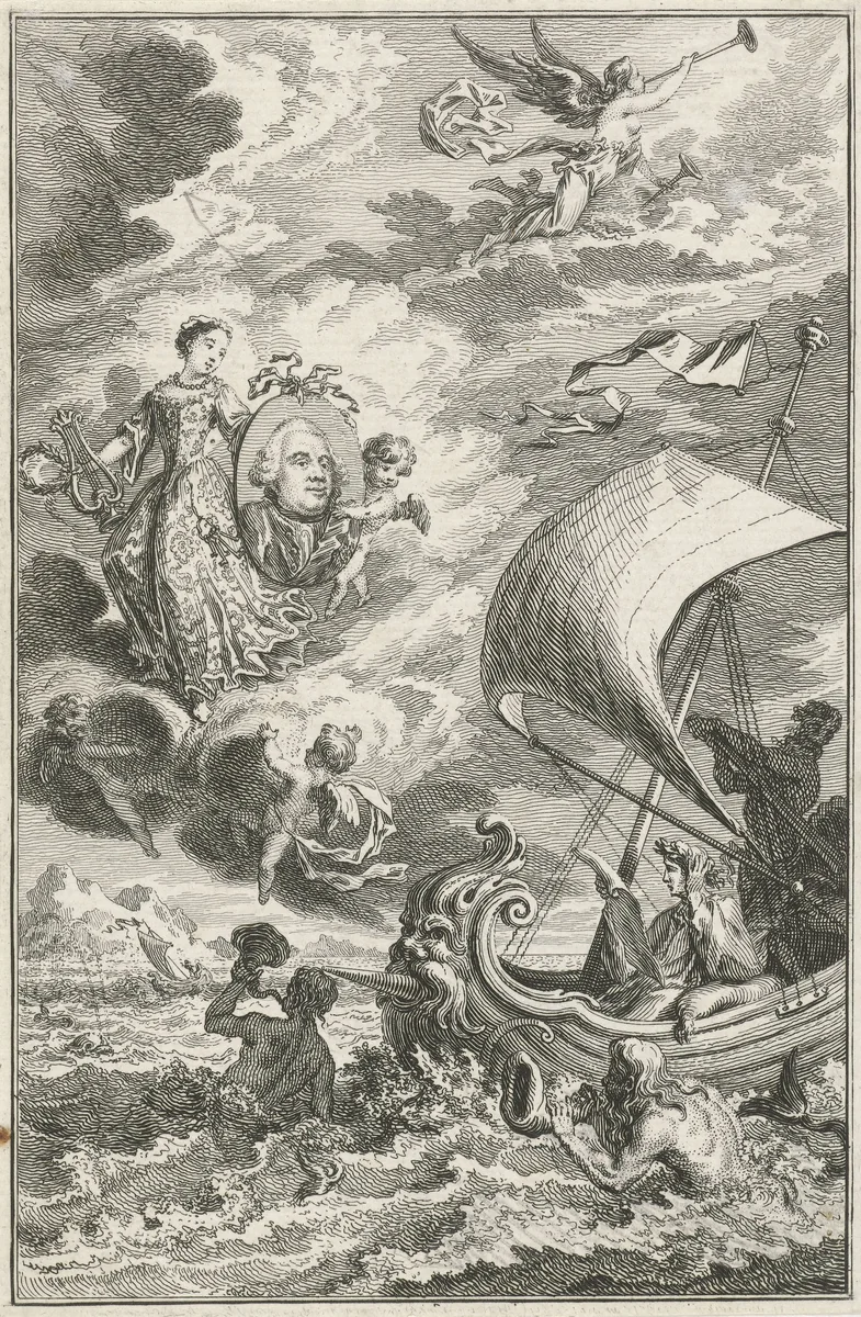 Allegorische voorstelling met portret van Willem V by Simon Fokke, print, 1752