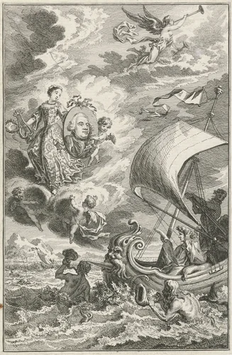 Allegorische voorstelling met portret van Willem V by Simon Fokke, print, 1752