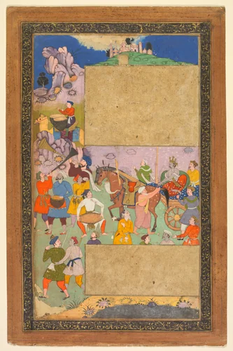 A charioteer riding through a rocky landscape with an entourage of footmen and musicians, page from a Razm-nama (Book of Wars) adapted from the Sanskrit Mahabharata and translated into Persian by Mir Ghiyath al-Din Ali Qazvini, known as Naqib Khan (Persian, d. 1614) by Yusuf Ali, painting, 1616-1617