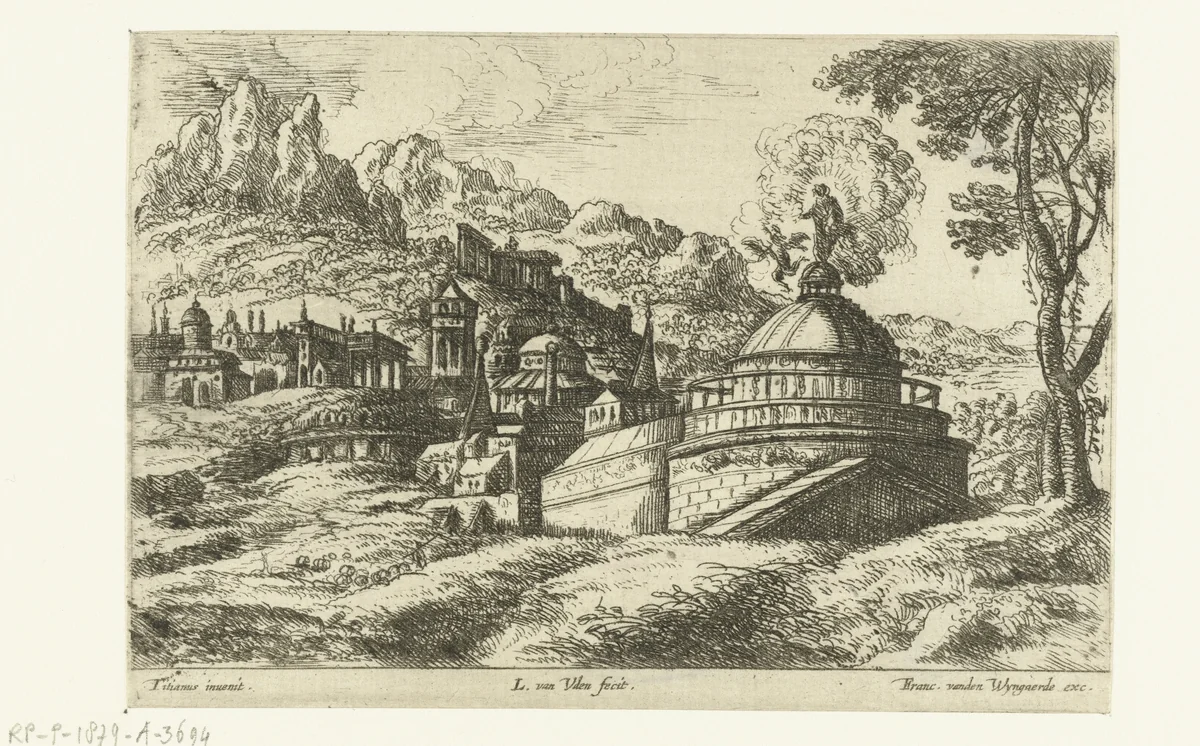 Antieke stad aan de voet van een berg by anonymous, print, 1605-1723