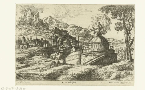 Antieke stad aan de voet van een berg by anonymous, print, 1605-1723