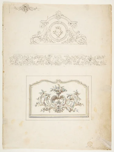 Border and Three Pediments (recto), Fifteen circular Designs (verso) by anonymous, drawing, 1700-1799