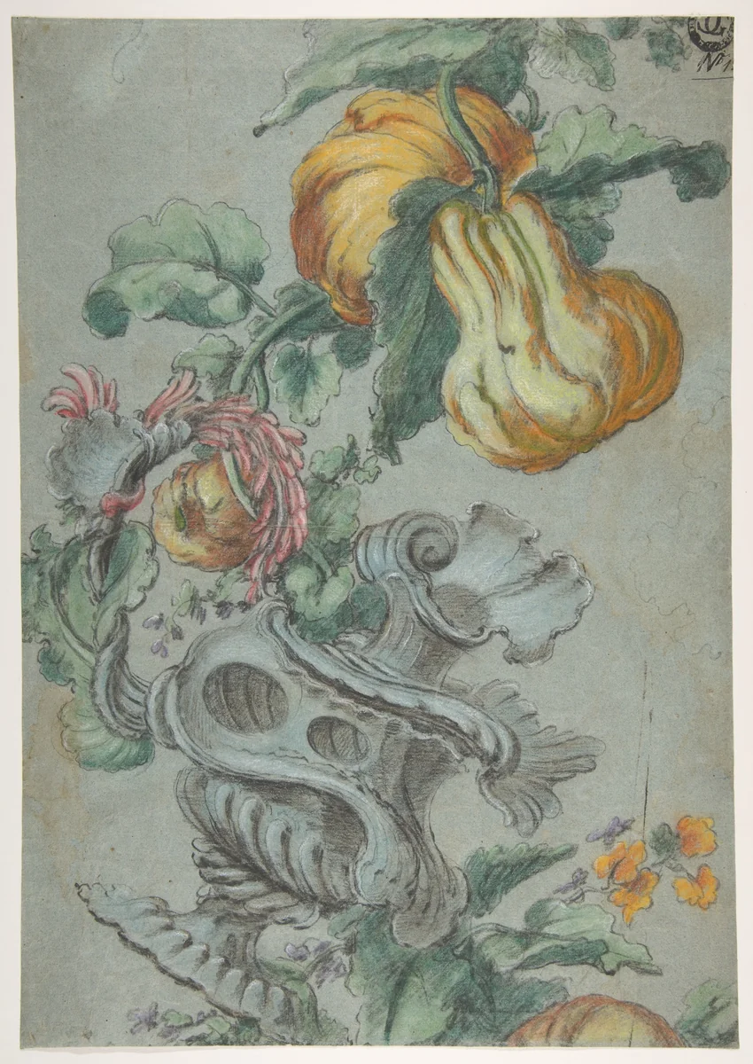 Ornamental Design with Fruit and Flowers (recto); Flower Stalk with Leaves (verso) by Alexis Peyrotte, drawing, 1710-1769