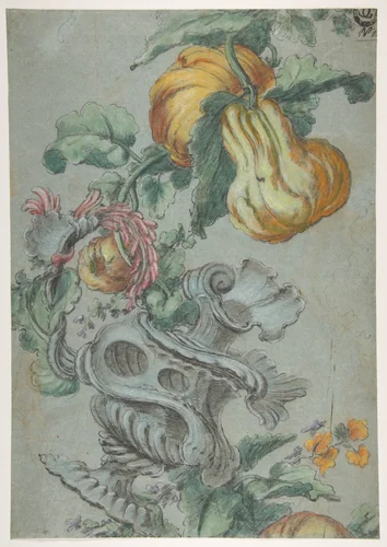 Ornamental Design with Fruit and Flowers (recto); Flower Stalk with Leaves (verso) by Alexis Peyrotte, drawing, 1710-1769