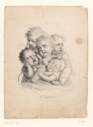 Vijf kinderen en een pop by Louis-Léopold Boilly, print, 1823