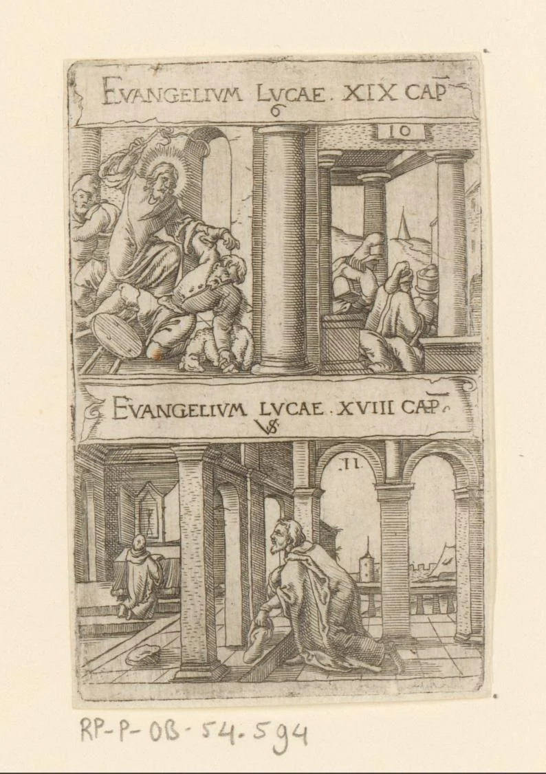 Verdrijving van de geldwisselaars en de gelijkenis van de farizeeër en de tollenaar by Unknown, print, 1524-1562