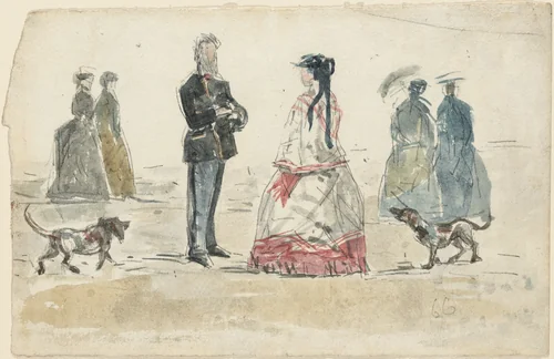 Ladies and Gentleman Walking on the Beach with Two Dogs by Eugène Boudin, drawing, 1866