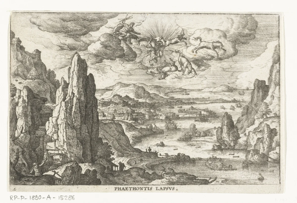 Phäethon rijdt in de zonnewagen by anonymous, print, 1550-1650
