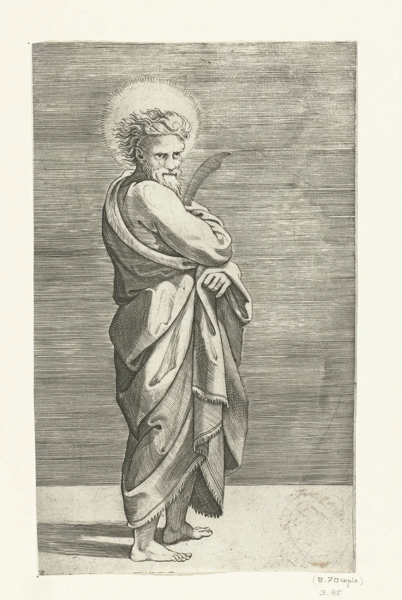 Apostel Bartolomeüs met mes by Marco Dente, print, 1517-1527