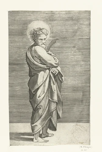 Apostel Bartolomeüs met mes by Marco Dente, print, 1517-1527