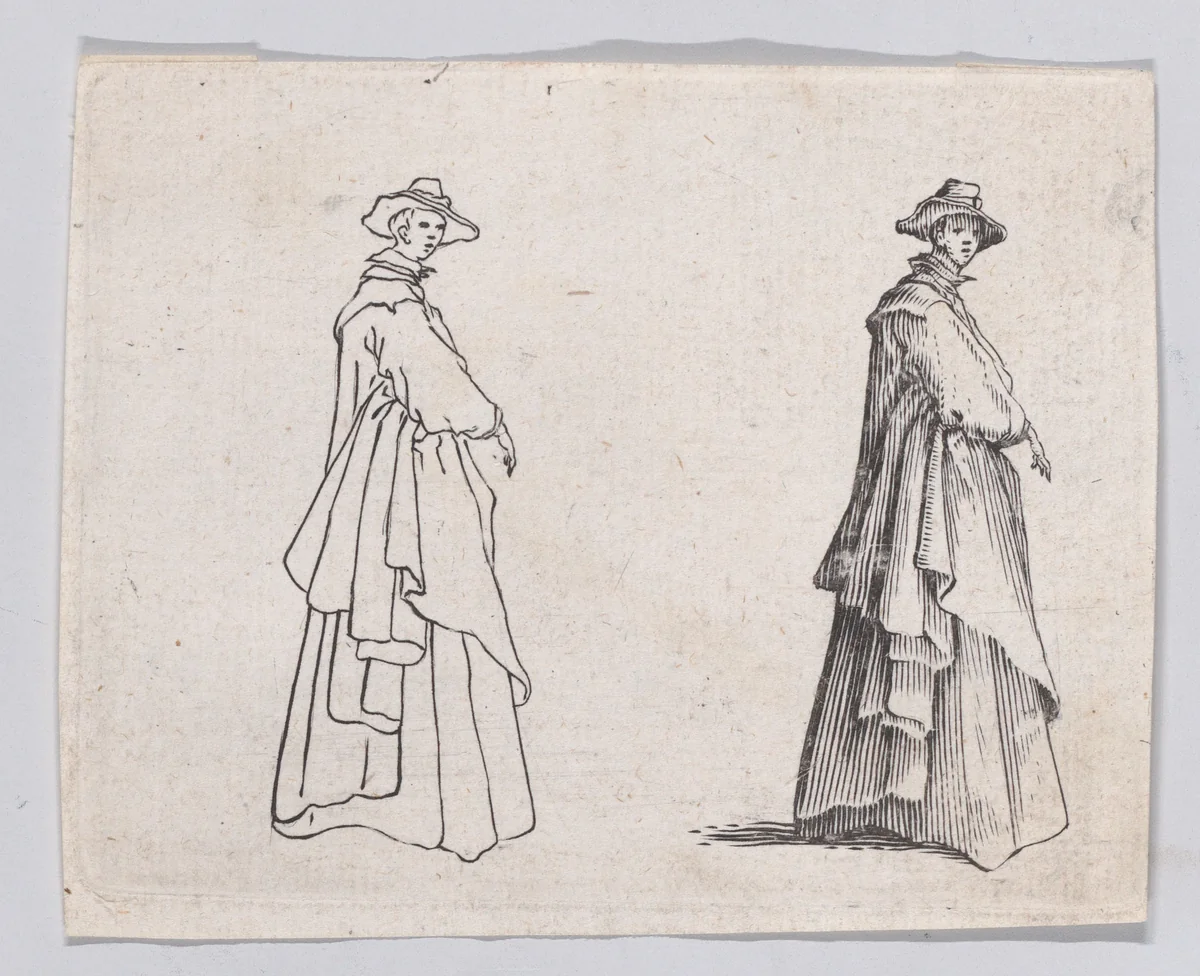 Reverse Copy of La Dame au Vêtement Ample (The Woman with the Ample Clothing), from "Les Caprices" Series A, The Florence Set by anonymous, print, 1620-1700