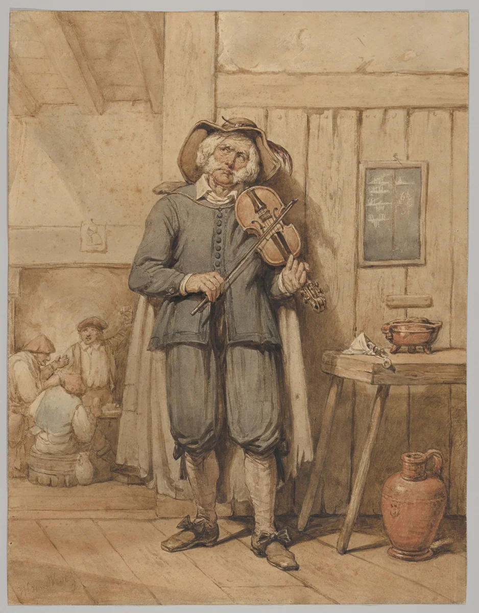A Fiddler in a Tavern, with Three Men in the Background by Johannes Hendrik van West, drawing, 1823-1881