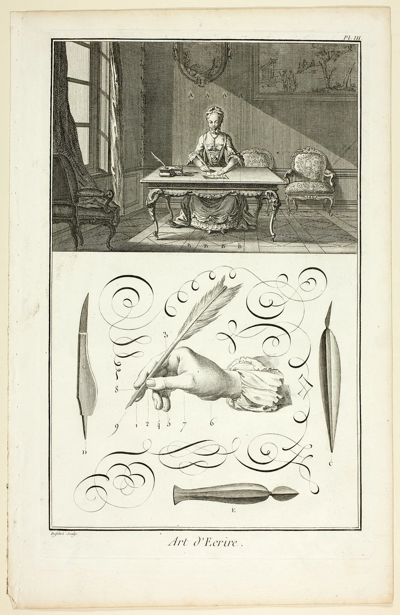 Art of Writing, from Encyclopédie by A. J. Defehrt, print, 1760
