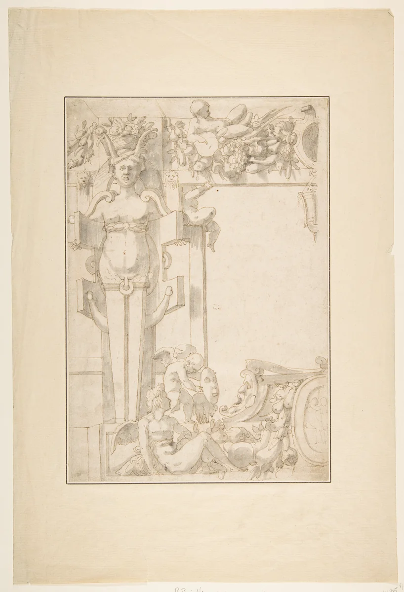 Design for a Wall Decoration by Rosso Fiorentino, drawing, 1500-1599