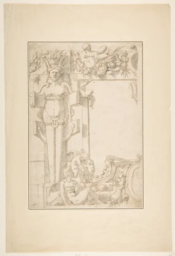 Design for a Wall Decoration by Rosso Fiorentino, drawing, 1500-1599