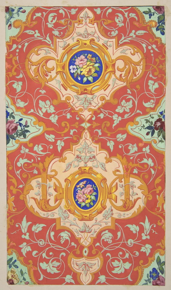 Design for wallpaper featuring strapwork, rinceaux, and cartouches filled with bouquets of roses by Jules-Edmond-Charles Lachaise, drawing, 1830-1897