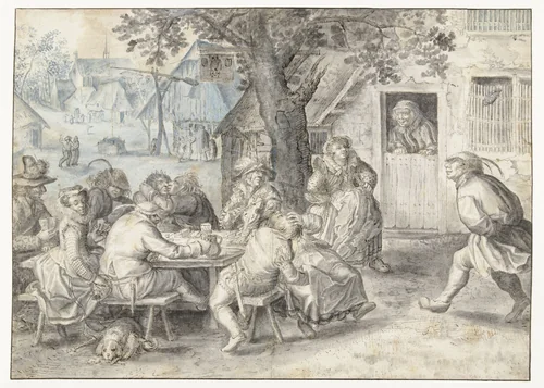 Feestende boeren, soldaten en lichtekooien by David Vinckboons, drawing, 1603-1608