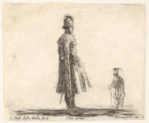 Plate 20: an old Polish nobleman wearing a plumed hat in center, standing in profile facing right, another Polish man to right in background, standing in profile facing left, from "Diversi Capricci" by Stefano della Bella, print, 1644-1647