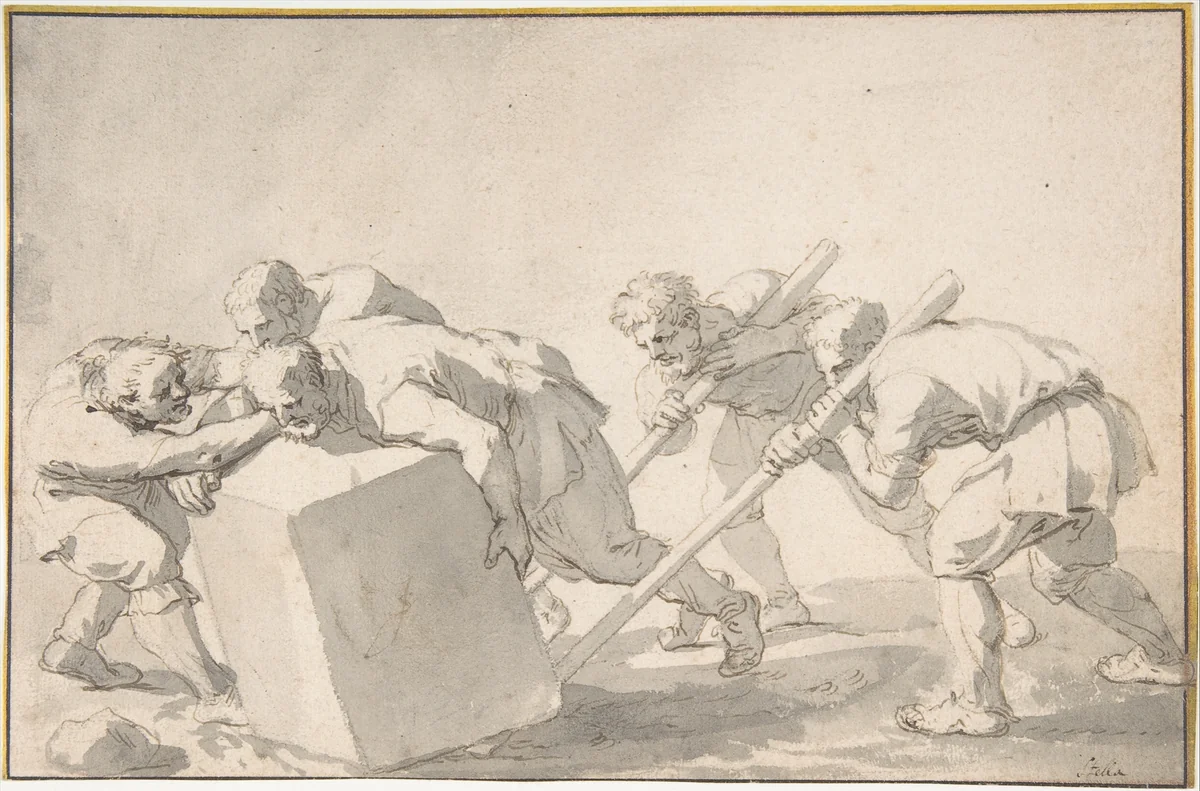 Five Men Pushing a Block of Stone by Jacques Stella, drawing, 1635-1645