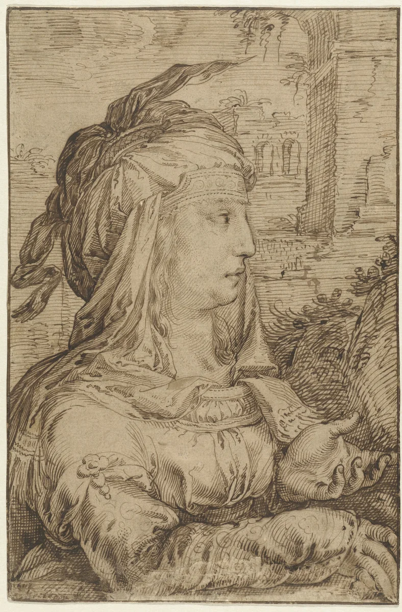 Vrouw in fantasiekostuum, in profiel naar rechts by Jacob Matham, drawing, 1607